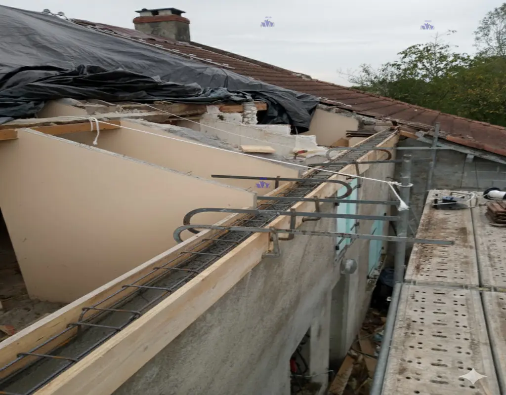 Coffrage pour arase en béton armé avec longrine de ferraille. HMLS 65 garantit le support panne sablière.